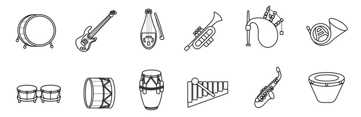  Musical instrument line icon set. Vector
