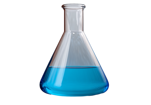 Blue liquid in a feared Erlenmeyer flask on a transparent background