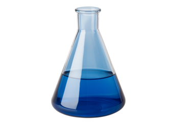 Blue liquid in a feared Erlenmeyer flask on a transparent background