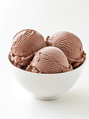 Photograph of chocolate ice cream in a white bowl, on a white background