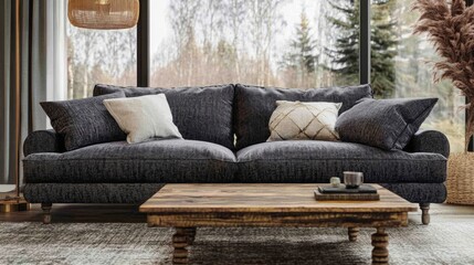 Minimalist living room with gray sofa, wooden coffee table, and rattan lamp, embodying modern simplicity and natural elegance.
