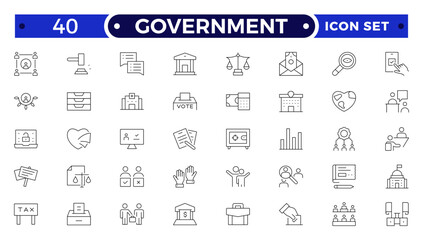 Government outline icon set. Containing community center, public park, city hall, government, policy, needs, community, public finance, interest, volunteer, electricity, and more.