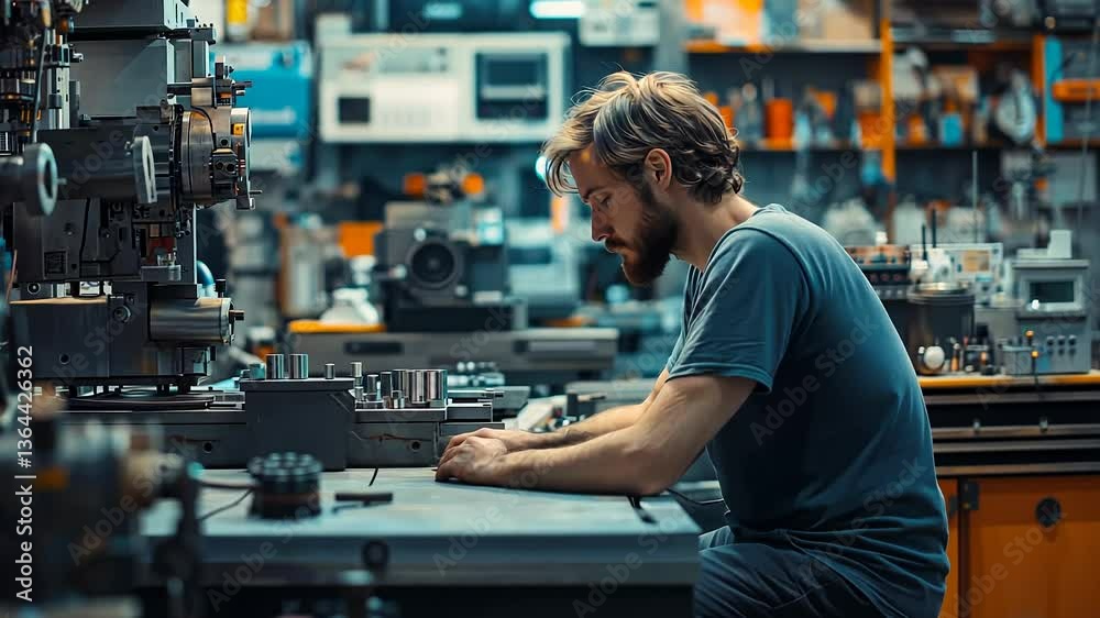 Poster in a cozy workshop filled with machinery, a cnc operator engages deeply in his work. surrounded by t