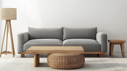 Minimalist living room with gray sofa, wooden coffee table, and rattan lamp, embodying modern simplicity and natural elegance.
