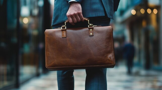 Man carries brown leather briefcase with brass hardware downtown. Great for showcasing style, business, or travel concepts.