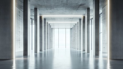 Fototapeta premium Modern Concrete Hall with Glowing Windows, Abstract Architectural Space 