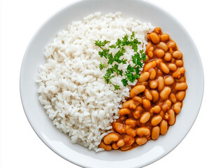 Rice with tomato sauce and beans on a white plate, isolated on a transparent background with no shadow