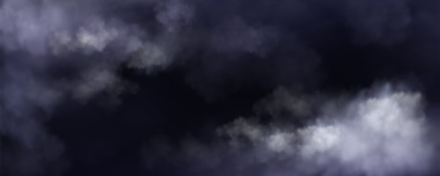 Dark stormy and rainy sky with thick clouds. Vector realistic illustration of gloomy night rainstorm cloudscape, thunderstorm weather forecast, spooky grey mist, mysterious Halloween background