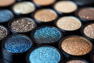 Naklejka premium Close up of assorted colorful makeup eye shadow palettes