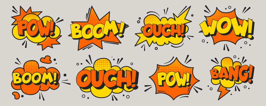 Comic book exclamation balloons set with different sounds - pow, wow, boom, ouch and bang. Bright orange and yellow speech bubbles in pop art style. Retro cartoon design elements, vector illustration.