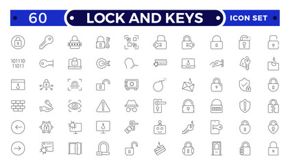 Set of Lock and keys web icons in line style. Guard, cyber security, password, smart home, safety, data protection, key, shield, lock, unlock, eye access. Security outline icon set.