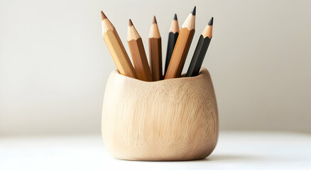  pencil pot made of natural beechwood with pencils inside on a white background.