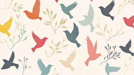 Colorful Birds Flying Floral Pattern Background.