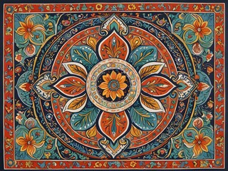 Intricate Geometric Mandala Design Featuring Vibrant Red Blue Green and Orange Floral Patterns