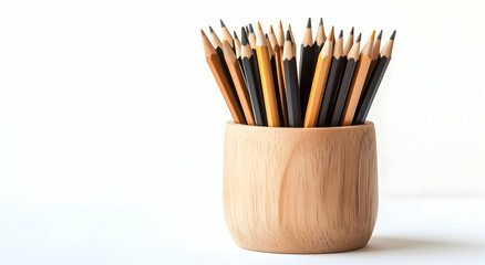  pencil pot made of natural beechwood with pencils inside on a white background.