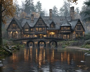 Obraz premium Gothic Mansion by a Stream