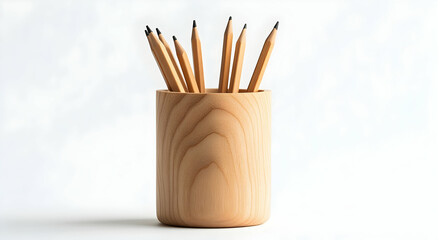  pencil pot made of natural beechwood with pencils inside on a white background.