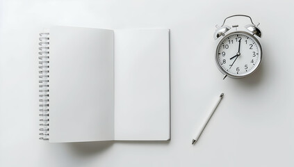 A white notebook with spiral edges on the left side and an alarm clock next to it.