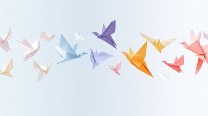 Colorful Origami Birds Flying with Pastel Background.