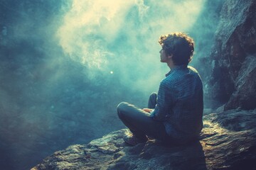 Obraz premium Young man sits alone upon a rock, looking at a foggy scene. Use this picture to illustrate thinking, dreams, or inspiration.