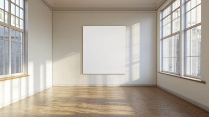Obraz premium A brightly lit empty room with large windows and blank canvas