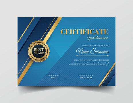 Blue and gold certificate with a gold line and blue line
