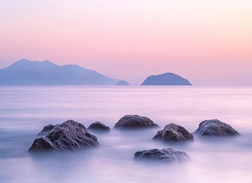 Coastal rocks at sunrise. Misty ocean