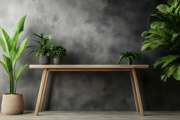Modern wooden console table with copy space and green plants on a gray background.
