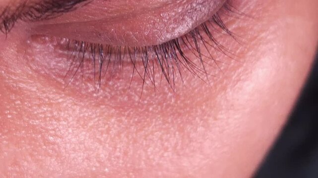 Close-up Macro Beautiful Female Human Eye : Pupil Cornea Iris Eyeball Eyelashes. Blink Open Closed