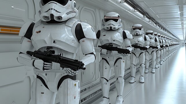 Stormtroopers standing in a line in a spaceship corridor.