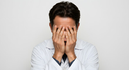 Stressed doctor covering face with hands