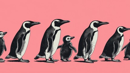 Obraz premium Penguin Family Walk with Pink Background, and Cute Birds Illustration.