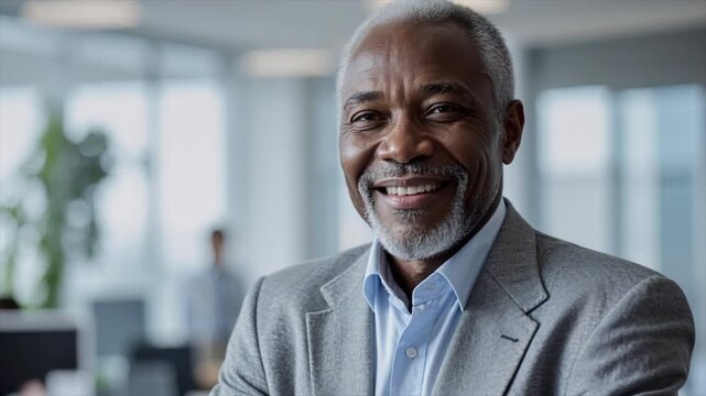 A confident old man smiling and crossing his arms in a professional office environment. Success and institutionalization. 