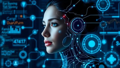 Futuristic portrait, cyberpunk woman, holographic interface, neon blue technology