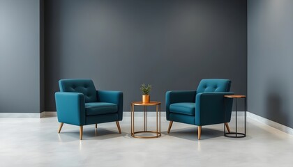 modern living room, two teal armchairs, golden round coffee table, burning candle, minimalist decor, gray wall.