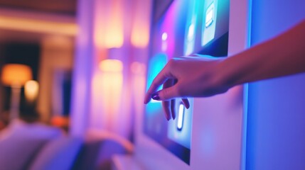 A person using a smart home lighting system to adjust ambiance, living room with lights displaying color temperature and brightness settings, High-tech style