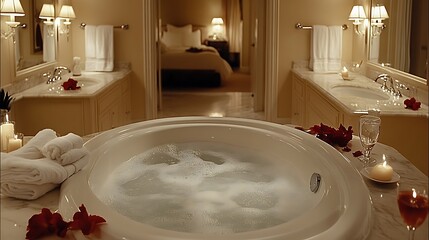 Romantic spa bathtub in luxury hotel suite.