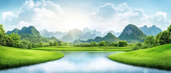 Tranquil nature scene lush valley landscape photography serene environment wide-angle view crystal-clear lake