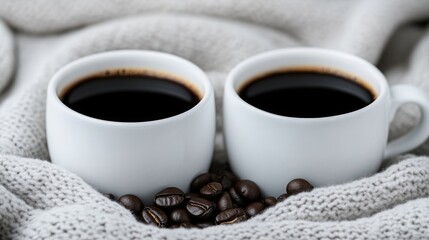 Obraz premium Cozy coffee cups, resting on a knitted blanket, filled with rich dark espresso, and accompanied by coffee beans