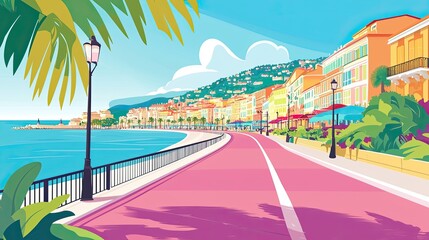 Obraz premium Scenic Coastal Road with Colorful Buildings and Palm Trees