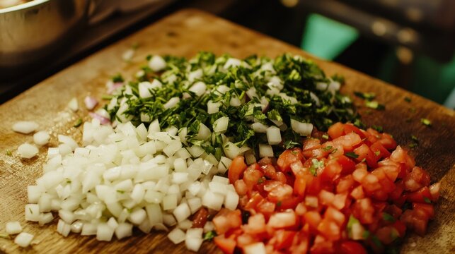 Chopped onions, tomatoes, and herbs on wooden board