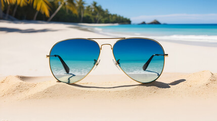 Close up aviator sunglasses in sand on sunny tropical ocean beach