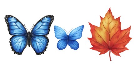 Blue Butterflies with Autumn Leaf, and White BG.