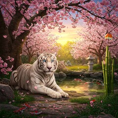 A majestic white tiger resting beneath the ancient cherry blossom trees, its striking blue eyes gazing into the distance