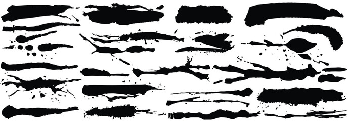 Brush strokes. Vector paintbrush set. Grunge design elements. Long text boxes. Dirty texture banners. Ink splatters. Dry hand drawn smear. Painted objects