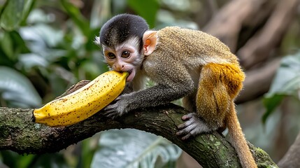 Obraz premium Tiny monkey devouring a banana on a branch. A small, cute primate with a banana in its mouth, clinging to a tree branch