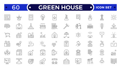 Green House outline icon set with conservation, reduce waste, consumption, management, efficiency, gas emission and green house. Eco related icons.