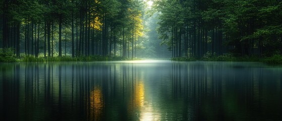 Obraz premium Misty Forest Reflecting on Still Water