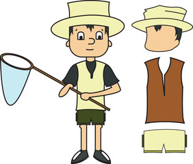 Bird Hunter illustration - wild outdoor boy with outfit set - design character asset