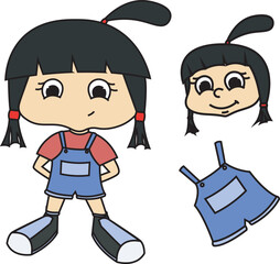 Little girl illustration with cartoon style - cute baby girl with red tees - outfit set